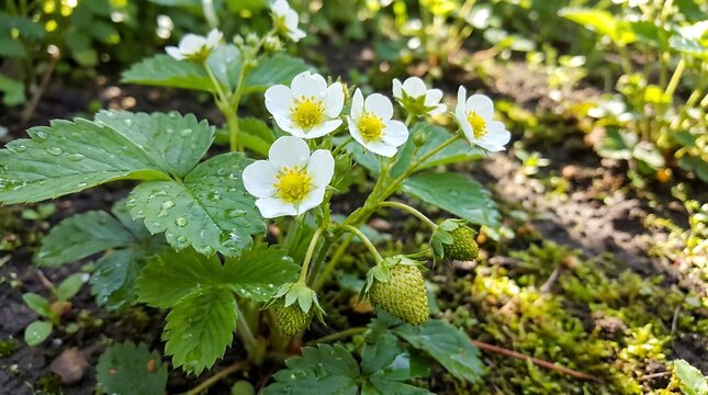 Fresh wild strawberry plant with white flowers and small green berries growing in the garden soil