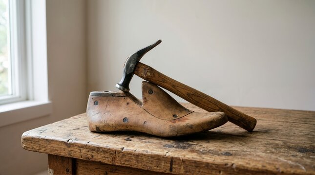 Vintage cobbler hammer resting on a wooden shoe last. Traditional shoemaking tools on a rustic workbench. Artisan craftsmanship and footwear repair concept