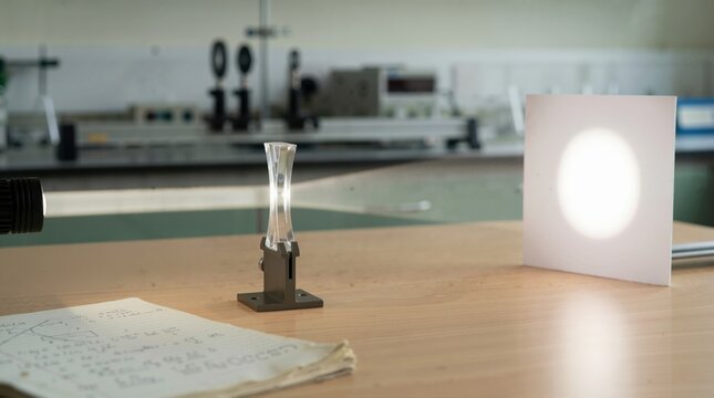 Light divergence through a concave lens in a physics experiment. Optical science demonstration with a light beam and white screen on a laboratory desk