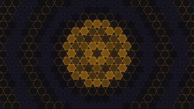 Seamless loop motion graphics animation of geometric golden honeycomb patterns with dark modern background and glowing highlights for corporate promo