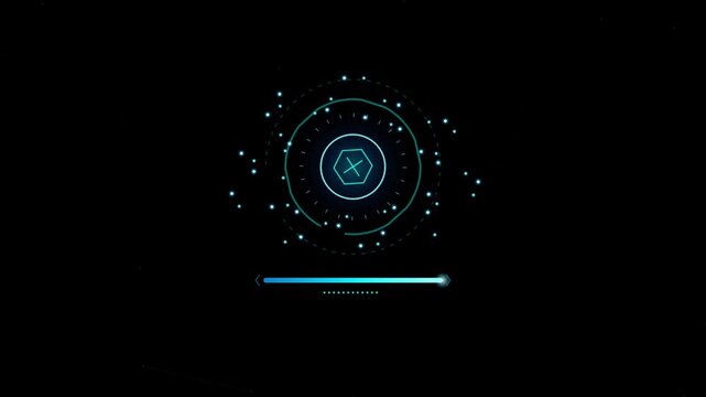 Modern futuristic digital interface with glowing hexagonal center and loading bar