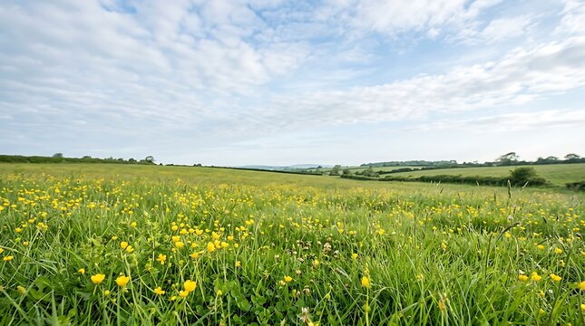 Scenic landscape of a rolling green meadow with yellow buttercup flowers under a blue cloudy sky