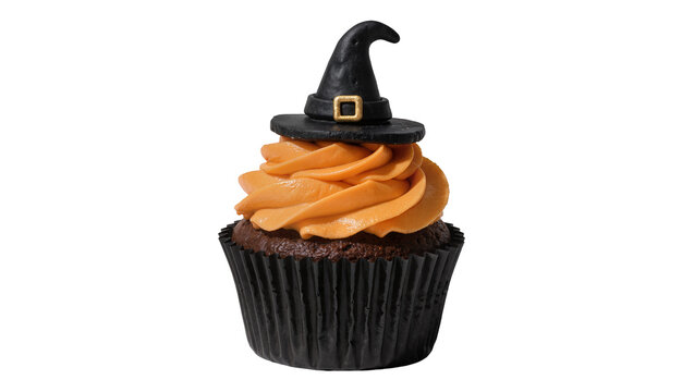 Chocolate cupcake with orange frosting and black witch hat, isolated on transparent background