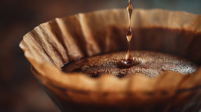 Close-up of hot brewed coffee pou into a brown paper filter over dark background with steam rising
