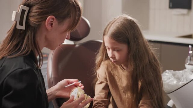 Woman explains dental care to young girl using model of teeth in orthodontic consultation room. adult demonstrates brushing techniques on transparent plastic mold while both focus intently