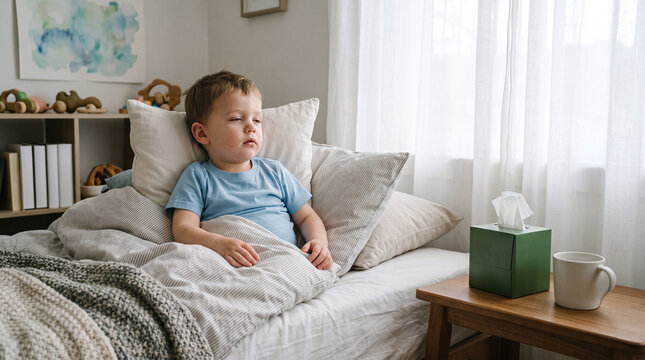 Sick toddler boy resting in bed with tissue box nearby