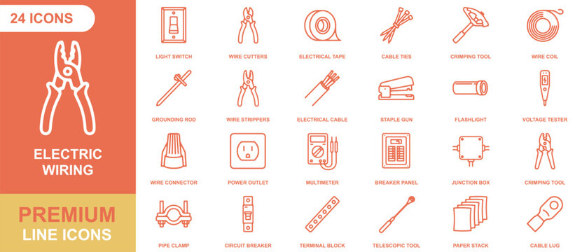 Set of 24 orange outline icons representing electrical wiring tools, components, and hardware for construction and maintenance projects