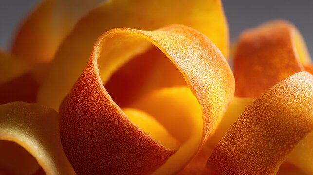 Close-up of fresh lemon peel curls with detailed texture and vibrant yellow-orange color background