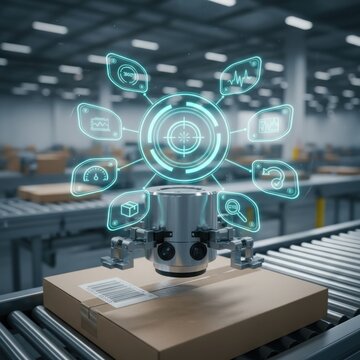 Detailed close-up of a futuristic robotic barcode reader scanning a cardboard package on a warehouse conveyor belt with a floating blue holographic data interface
