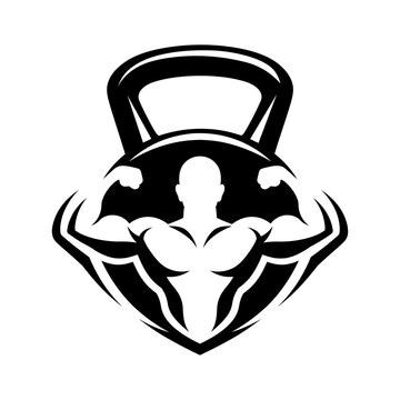 A muscular man lifting a kettlebell in a fitness logo design