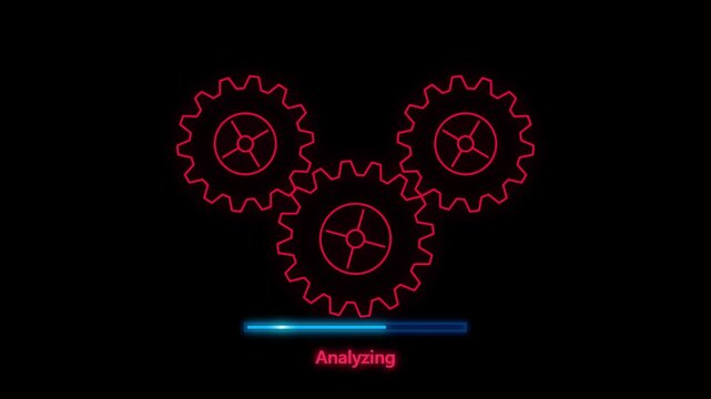 Three interlocking red gears graphic with analyzing progress bar underneath