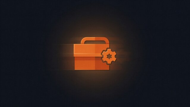 Bright toolbox with gear icon glowing against dark background with toolbox emits warm warm glow attached dark backdrop functionality illuminated