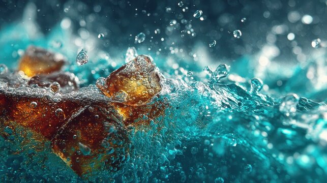 Close-up of ice cubes in water with splashes and bubbles creating a dynamic cold refreshment scene