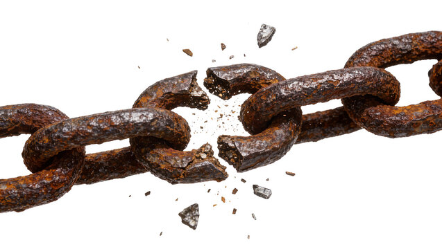Rusty metal chain links breaking apart, isolated on transparent background