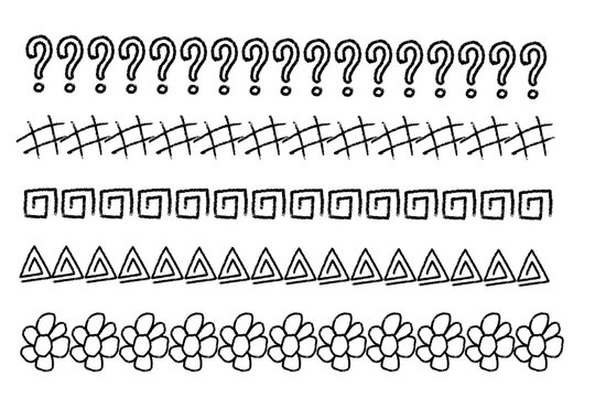 Hand drawn black decorative border collection with question marks, crosshatch lines, spiral squares, triangles, and floral patterns isolated on transparent background.