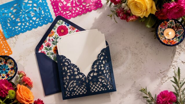 Mexican wedding invitation suite with laser cut envelope and colorful flowers. Blank card mockup with floral envelope liner and papel picado on a textured surface
