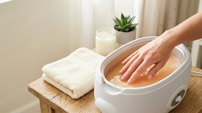 Hand dipping into a warm paraffin wax bath. Spa treatment for skin hydration and joint relief on a wooden table