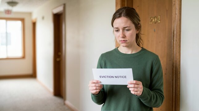 Worried woman holding an eviction notice in an apartment hallway. Sad female tenant standing by a door with a foreclosure or lease termination document