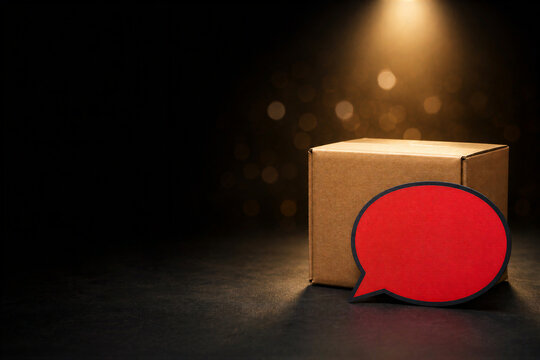 Black Friday Sale Cardboard Box with Blank Red Speech Bubble Label and Golden Bokeh Lights