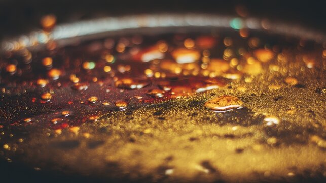 Close-up of bubbling hot oil with glistening droplets and fiery golden surface in cooking process