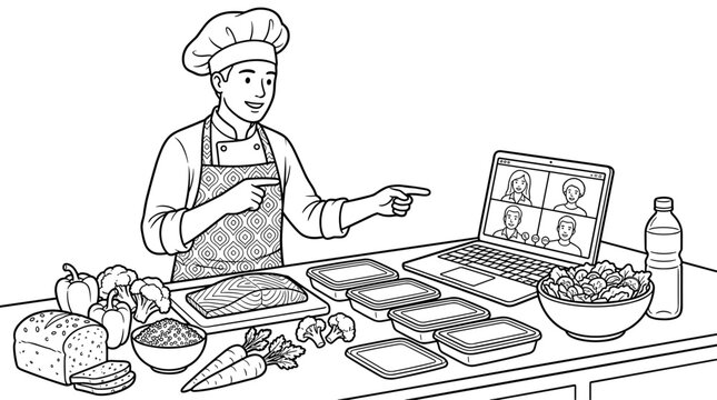 Chef demonstrates healthy meal prep on laptop video call with diverse participants, ingredients laid out