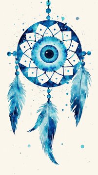 Blue watercolor dreamcatcher illustration featuring intricate patterns, an eye motif, and hanging feathers against a light background