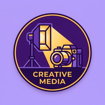 Creative media emblem with camera, film clapperboard, and lighting gear on purple badge