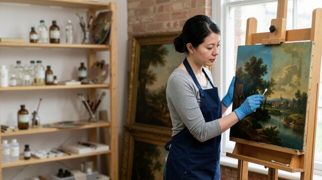 Restorer cleaning old oil painting. Female conservator using a cotton swab to clean a landscape painting on an easel. Art restoration and preservation concept