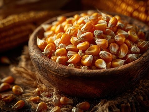 Close-up of fresh sweet corn kernels in a rustic wooden bowl with corn husks and textured background