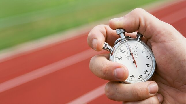 Hand holding analog stopwatch on a running track. Finger pressing button to start timing athletic race