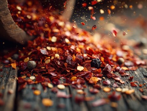 Close-up of crushed red chili flakes and spices scatte on dark rustic wooden surface for cooking and seasoning