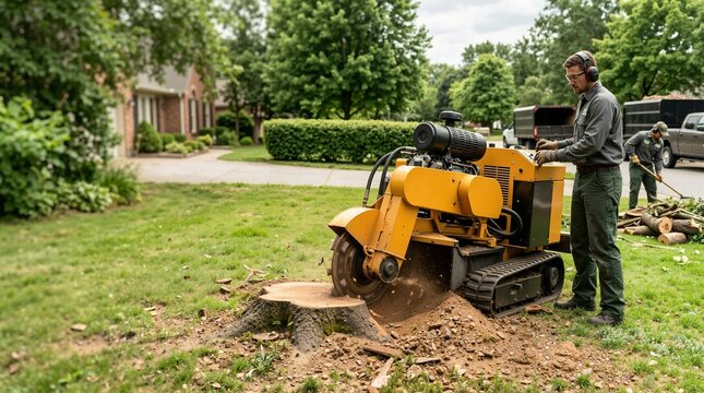 Stump grinding machine removing tree stump on residential lawn. Arborist operating heavy equipment for tree removal service