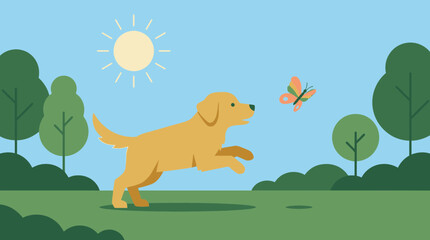 Fototapeta premium This heartwarming flat design illustration depicts a cute puppy joyfully chasing butterfly. The artwork conveys the playful spirit of lovely home pet.