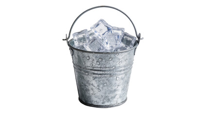 Galvanized metal bucket filled with ice cubes condensation droplets, isolated on transparent background © Piotr