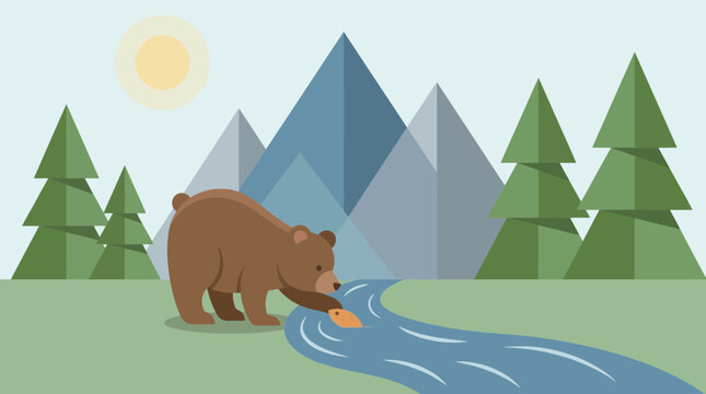 A delightful flat design illustration of a curious bear cub trying to catch a fish in a clear mountain river. This scene captures a moment of natural curiosity with a minimalist and clean aesthetic.
