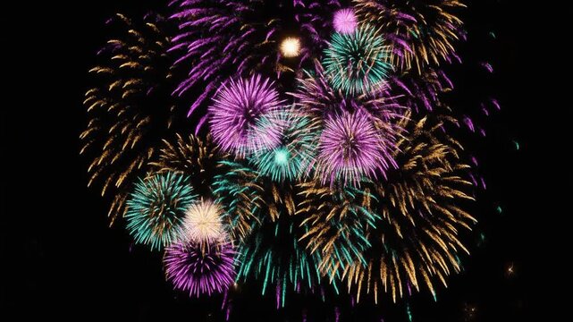 多色の花火が夜空に開き火の粉が瞬く黒背景の単発花火と文字用の余白