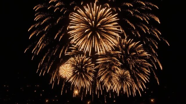 ゴールドの花火が夜空に開き火の粉が瞬く黒背景の単発花火と文字用の余白