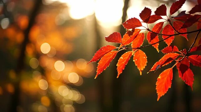 Radiant serrated leaves extend from a slender branch into warm backlight, while round amber bokeh and softened woodland shadows create an intimate seasonal nature background at sunset in late fall
