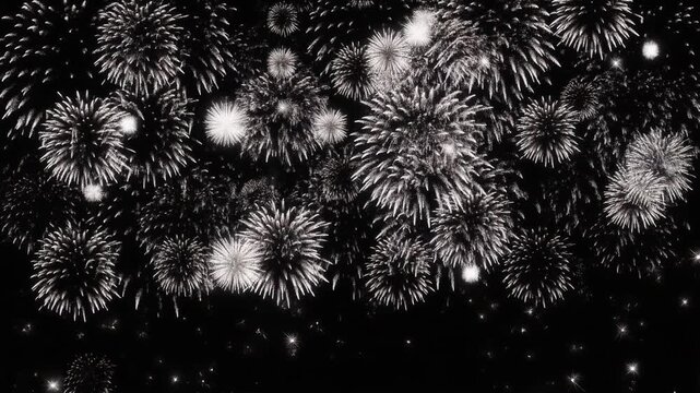ホワイトシルバーの花火が夜空に開き火の粉が瞬く黒背景の連発花火と文字用の余白