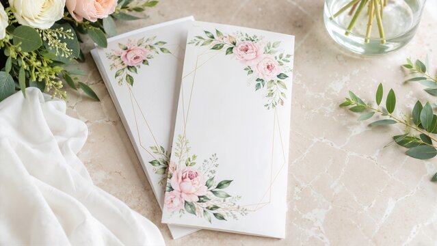 Wedding program cards with pink floral watercolor designs. Sophisticated stationery with gold geometric frames on a marble surface