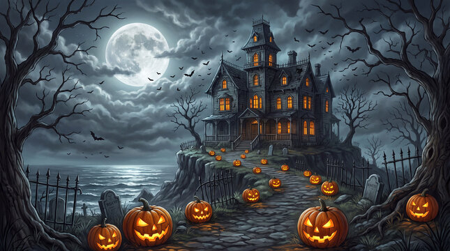 This eerie haunted house, surrounded by ominous trees and glowing pumpkins, captures the essence of Halloween, instilling both fear and excitement in viewers.