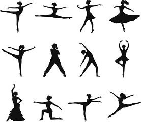 Women Dancing Silhouette Collection Sheet, Ballet Arabesque Splits Leap Flamenco Contemporary Jazz Hip Hop Lyrical Pirouette Poses Vector Clipart Transparent Background © raccoontail