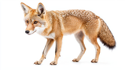 Obraz premium Detailed image of fox showcasing its sleek fur and alert expression. animal stands white background, highlighting its features and natural beauty