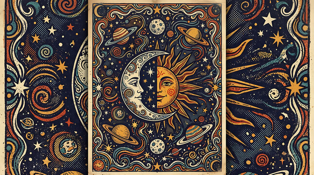A mystical artistic illustration featuring a split sun and moon face surrounded by cosmic planets stars and intricate celestial patterns design