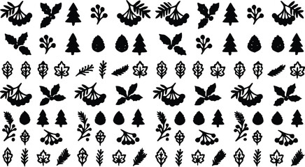 Obraz premium Flat vector illustration featuring a collection of black holiday icons including pine trees leaves berries and cones arranged in a simple clean graphic pattern set