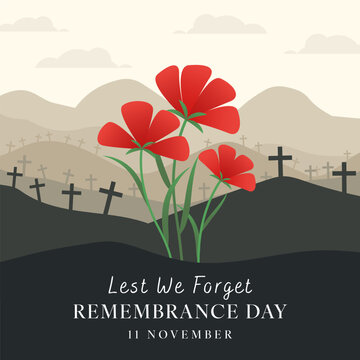 Remembrance Day Square Banner Design with Poppy Field and Crosses