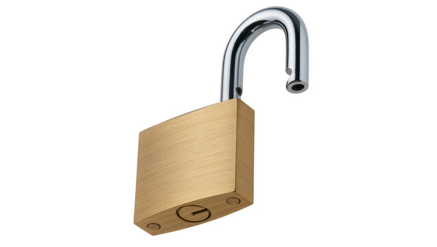 Shiny chrome shackle on a brass padlock unlocked and open, isolated on transparent background