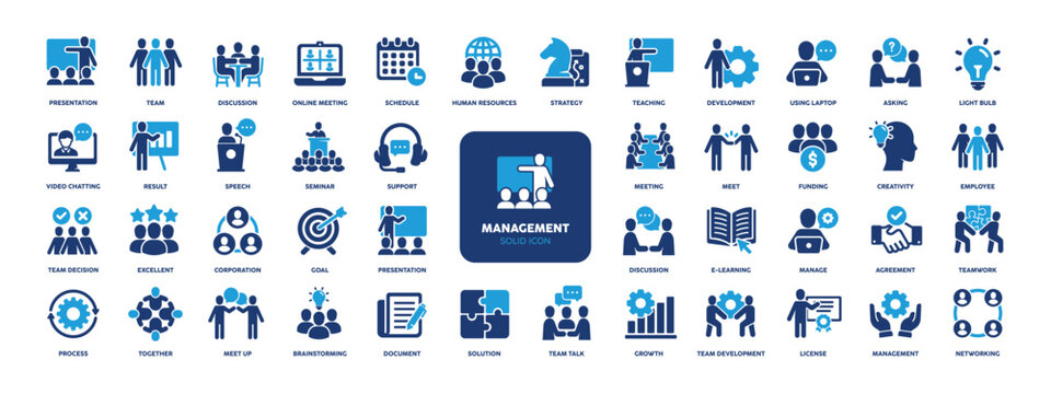 Management glyph solid icons collection. Containing teamwork, presentation, development. For website marketing design, logo, app, template, ui, etc. Vector illustration.