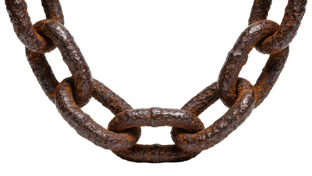 Thick rusty metal chain links, isolated on transparent background
