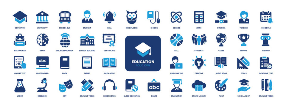 Education glyph solid icons collection. Containing school, university, study, school, e-learning. For website marketing design, logo, app, template, ui, etc. Vector illustration.